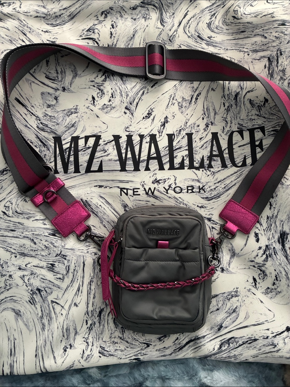 MZ Wallace Charcoal Crossbody with Fuchsia Strap Accents